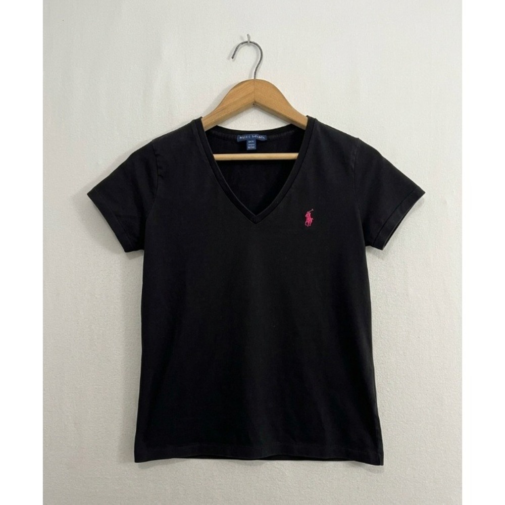 Ralph Lauren Womens V-Neck Short Sleeve Cotton T-Shirt Black Pink Pony Size M